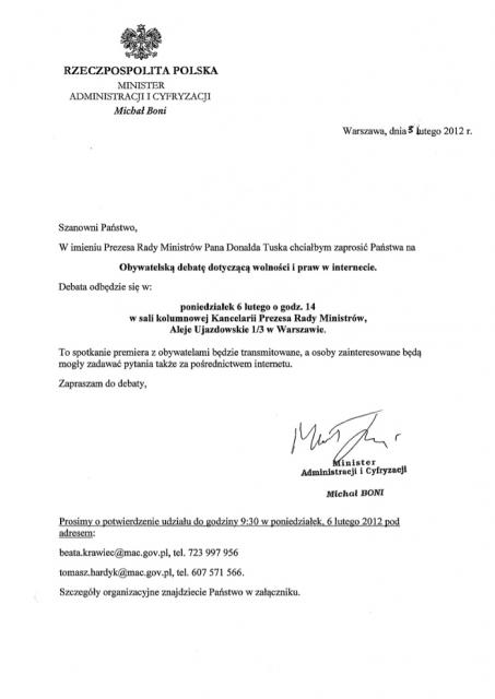 Zaproszenie do KPRM na 6 lutego 2012